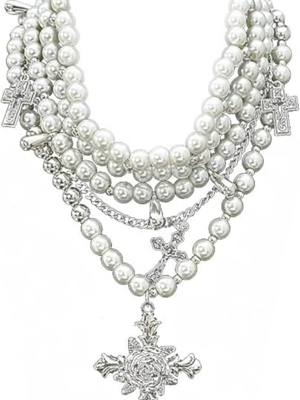 Layered Pearl Necklace Gothic Cross Pearl Stacked Necklace for Women - Picture 6 of 6